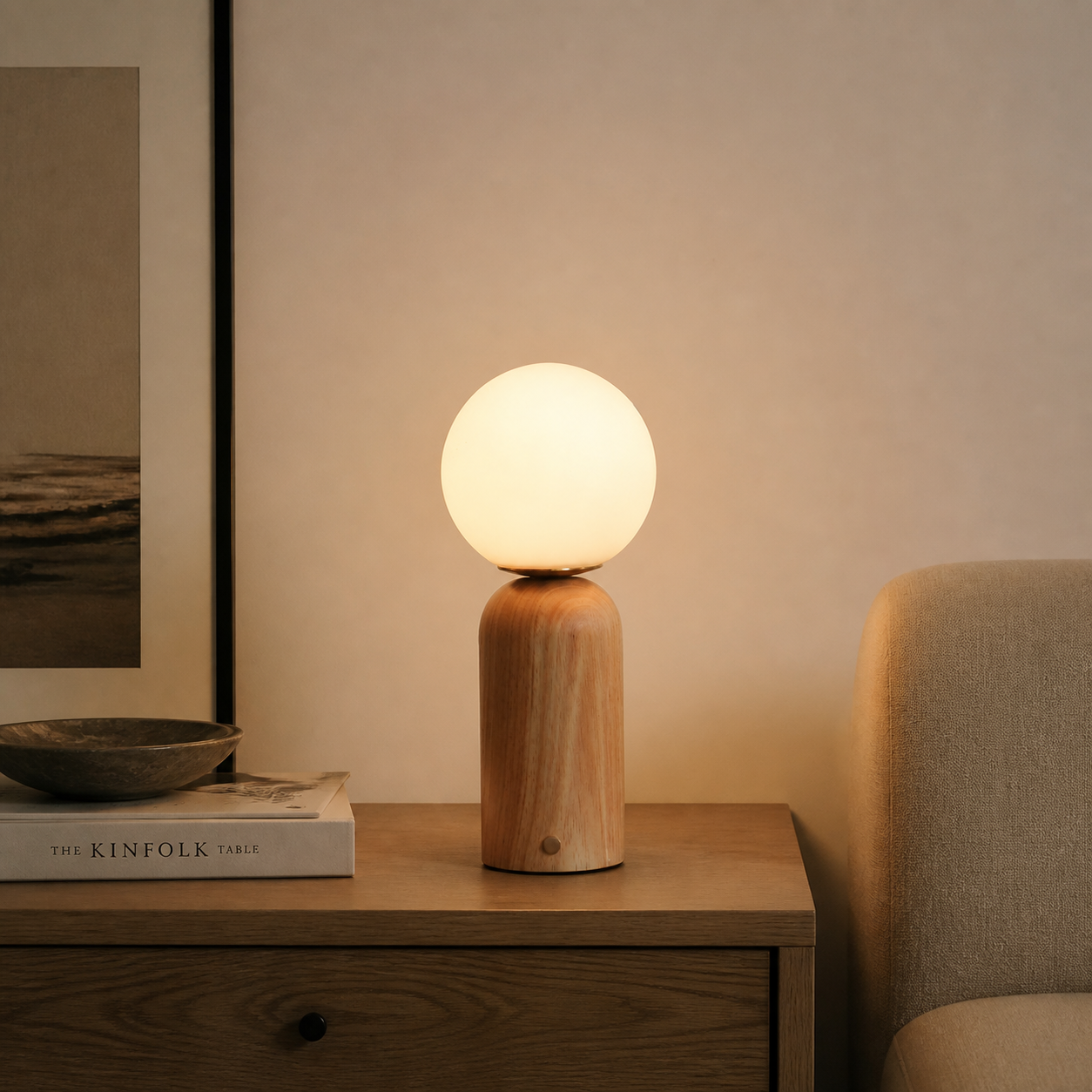 Rechargeable Wood & Glass Table Lamp interior scene
